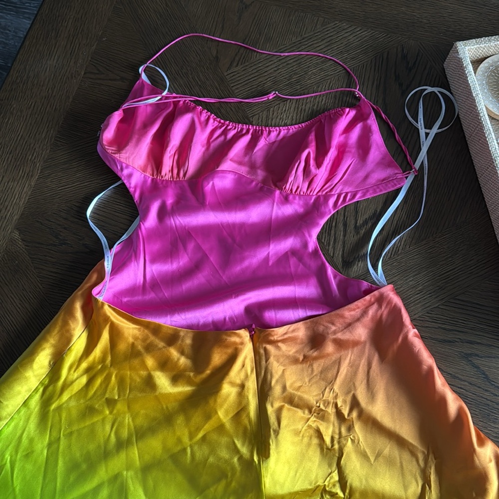 Retrofete One-Shoulder Ombre Satin Mini Dress in Pink-Orange-Green - Picture 9 of 12